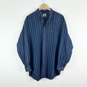 Vintage 90s Faconnable Blue Green‎ Striped Long Sleeve Button Down
